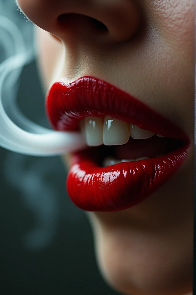 Mouth of a woman smoking and appearing to be talking, red lipstick and white teeth 