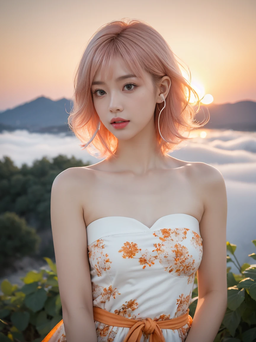 Top Quality, Masterpiece, Super High Resolution, (Actual:1.3), Original Photo, (Nature Photography), (Magnificent mountaintop, Sea of clouds), (Very wide mountain top), (Sunset), (Girl), (Upper body), (Natural Light: 1.0), (Side View: 0.0), (Cowboy Shot: 0.0), (upper body: 1.8), (Close-up: 0.8), Portrait, Cinematic Lighting, Glow, Ray tracing, reflected light, f135mm, UHD, accurate, skin texture, super detail, great detail, high quality, highest quality, 8k, (surrealism: 1.2), BREAK, (Japanese: 1.3), (25 years old: 1.0), (Small breasts: 1.5), (Long, large, slit eyes: 1.8), (Realistic eyes: 1.8), (Height at 160cm: 1.2) , a little fat, (Transparent white skin: 1.2), (Short curly bright pink hair with bangs: 1.3), (Deep eyeshadow makeup: 1.4), BREAK, (Correct hand: 1.6), (Correct fingertips: 1.6), Sexy pose, (Place hand near cheek: 1.8), BREAK, (Big white headphones: 1.4), (Wearing an orange and white printed strapless dress: 1.3), BREAK, seagull