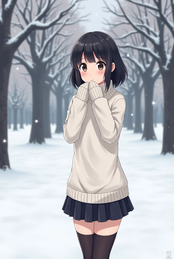 One who is not very beautiful.But she looks pretty cute.Height is about 165cm.Has shoulder-length black hair.Wearing a white pullover sweater.Wearing thick stockings and short skirt on the lower body.Standing in the snow in Park Square.But I feel a little afraid of the cold in the cold wind.So she put her hands together in front of her nose and breathed to keep warm..