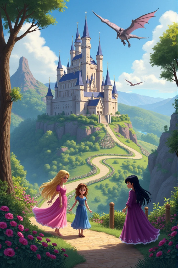 A castle with a garden, a princess with blonde hair and a pink dress, a princess with brown hair and adventurer clothes, a witch with black hair and a purple dress and a dragon