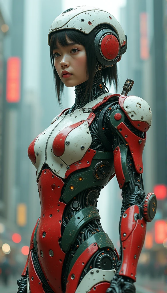 Cyborg female warrior, her entire body is made of mechanical devices, and her head, excluding the face, is also partially made of mechanical devices. Part of the head has a helmet-like mechanical device, a young woman's face with an innocent style, an Asian woman's face, and various small electronic circuits and small parts are expressed in detail on the mechanical device. The colors of the machine are red and white. The machine is 50% black and 50% green, and the angled parts of the machine are slightly worn and show signs of wear. The feeling of a veteran warrior who has experienced numerous battles, the ratio of the head to the pelvis shown on the screen, the overall lighting color is white and yellow, the background of the screen is a very futuristic city with a gorgeous yet dark atmosphere, and the angle shows the head to the navel. , outdoor future city background