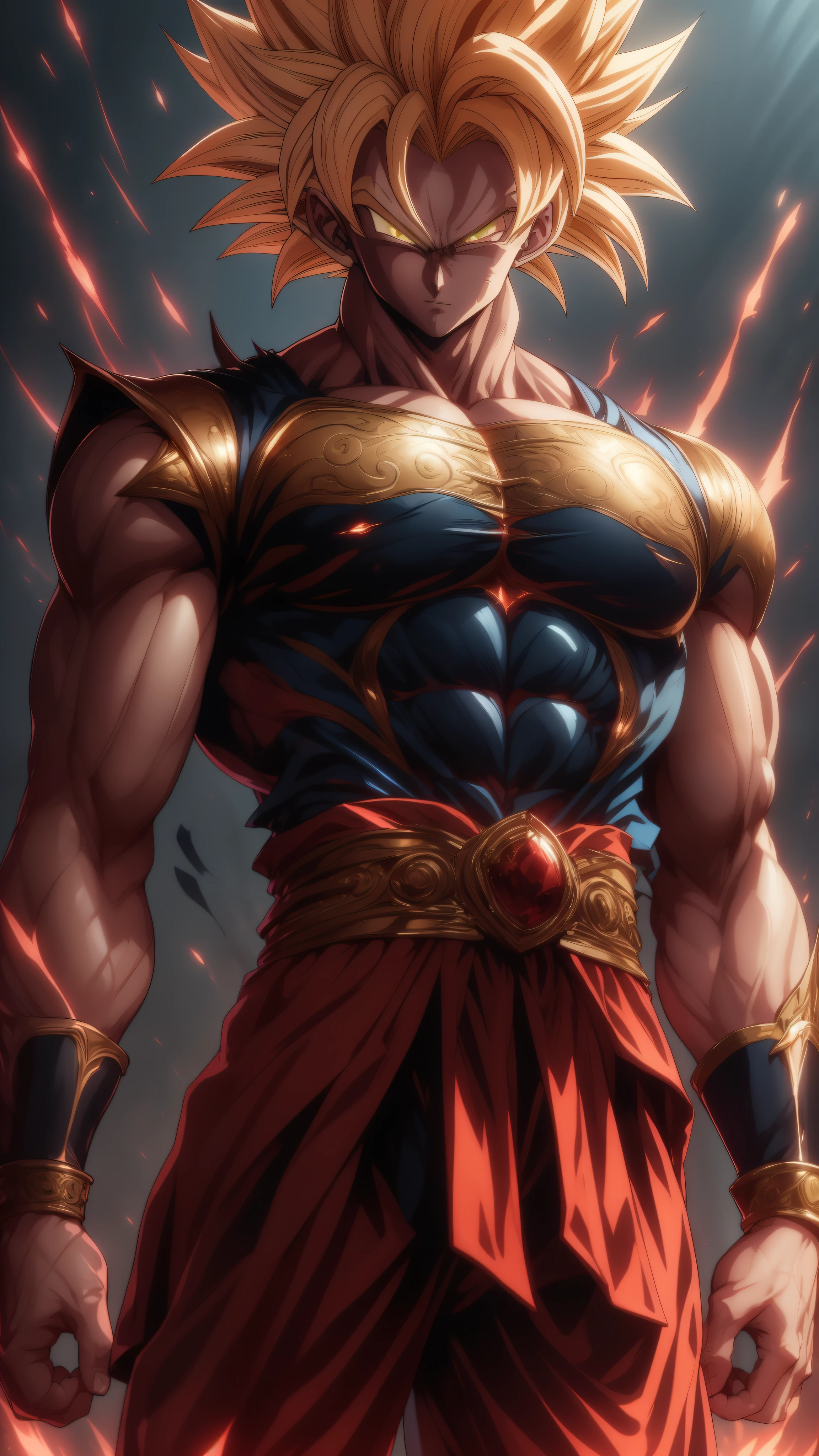 Broly is extremely handsome with deep red eyes standing straight in front of a dark neutral background. His short red and yellow hair is neatly cut, creating a perfect image for his angular face. With a confident and decisive attitude, he shines with golden light, making him truly majestic.