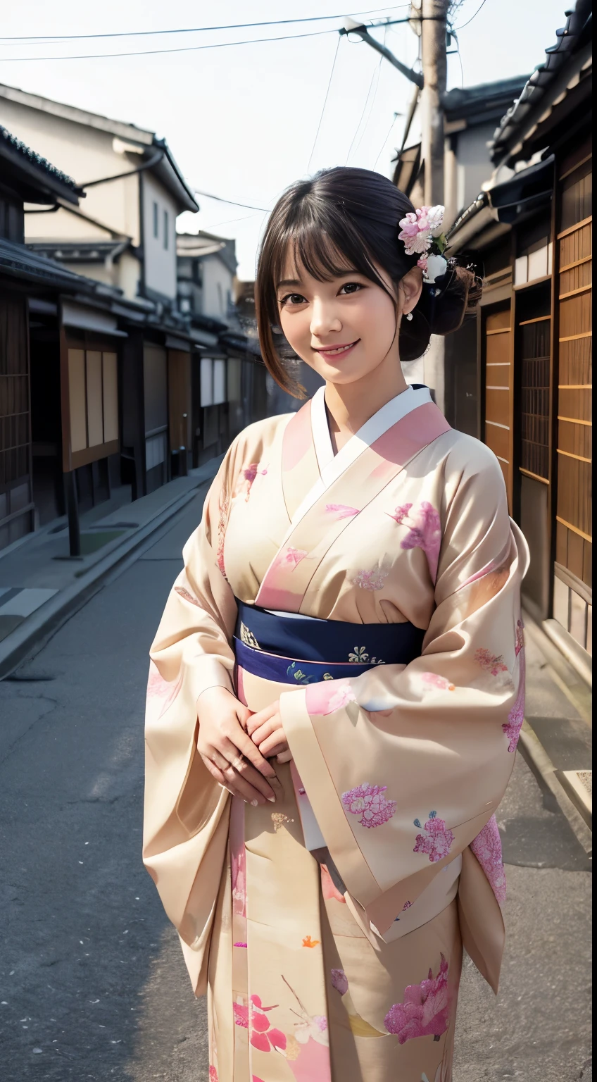 Professional Lighting,(Realistic:1.4), (Top image quality:1.0), (超High resolution:1.0), 8k, Raw photography, (masterpiece:0.2), (Dealing with the Children_v1:0.5)、(最高quality Detail:1.2)、Realistic、8kウルトラHD、High resolution、(1 girl:1.2)、超detailedな、High quality textures、複雑なdetailed、detailed、Very detailed CG、High quality shadows、detailed 美しく繊細な顔、Beautiful details and a delicate eye、(Symmetrical eyes:1.2),Written boundary depth、Ray Tracing,1 girl, Japanese Girls, (Natural smile:1.4),cute, thin, Portrait of a beautiful Japanese woman in a kimono, Standing elegantly on a street corner in Kyoto. Kimono with vibrant traditional patterns, Hair decorated with elegant and delicate hairpins, Gentle expression. (With the old streets of Kyoto in the background:1.4)、The soft light of a spring afternoon、Adding tranquility to the scene. Rendered in a Realistic style with great attention to detail, High resolutionの画像.Sky Porn, Magic Hour, (Realistic:1.3), finely, quality, (Tabletop:1.2), (Realistic:1.2), (最高quality), (複雑なdetailed), dramatic, Ray Tracing, photograph, +roller