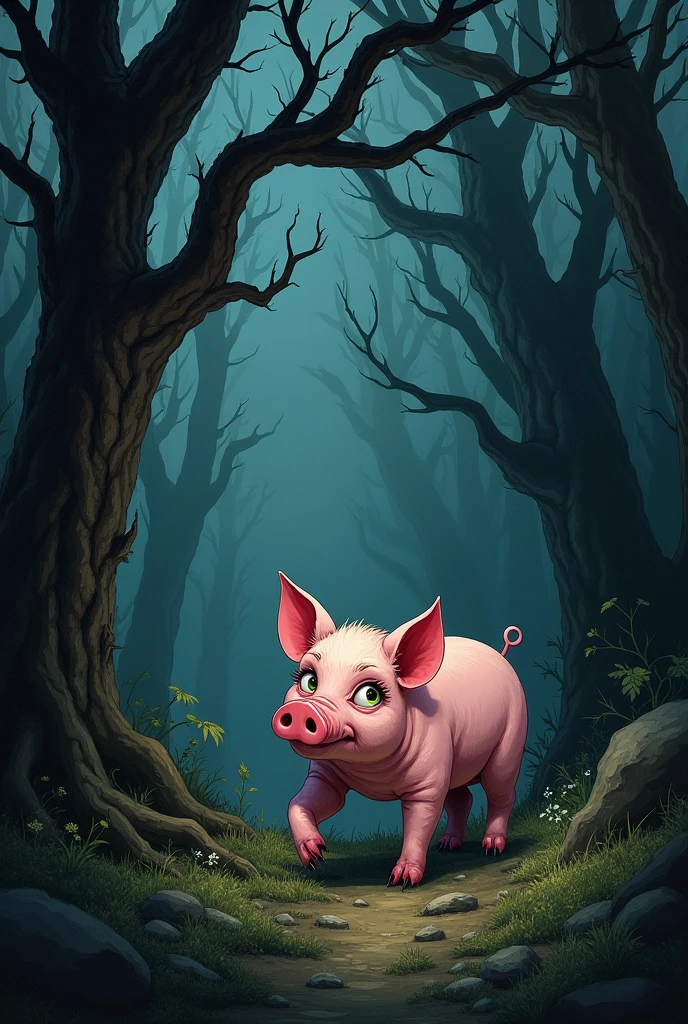 A scared  pig in a scary forest. Leave the image with the quality of a drawing 