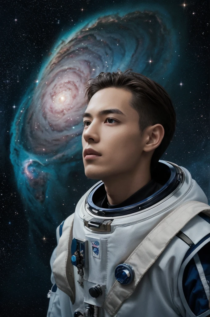 (best quality, masterpiece),Detailed,1boy,astronaut,complex portrait of a sci-fi Borg floating in outer space,nebula,galaxy,Looking forward,(cybernetic limb:0.7),