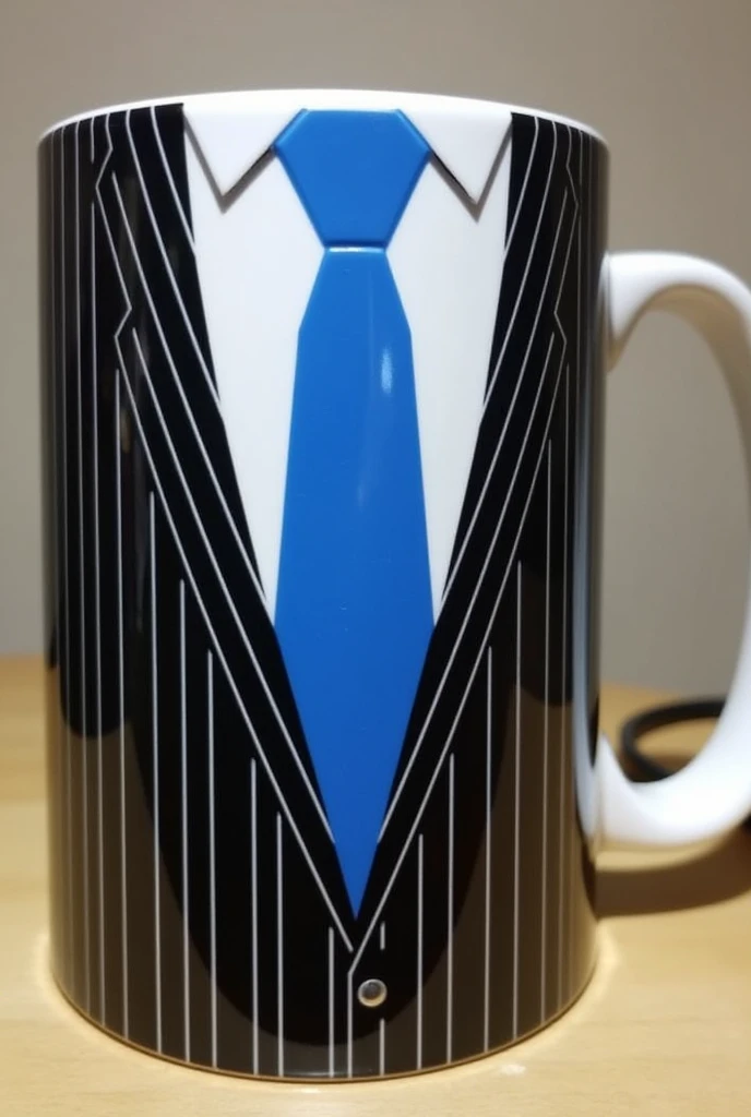 personalized mug with design of blue tie and black suit with pinstripes