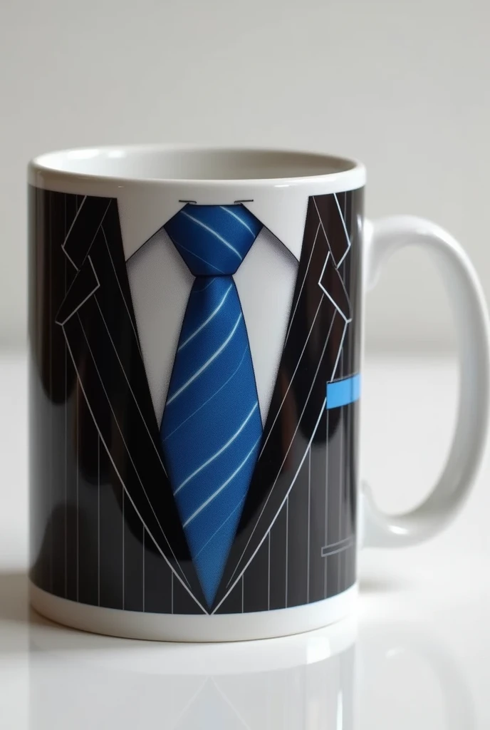 personalized mug with design of blue tie and black suit with pinstripes