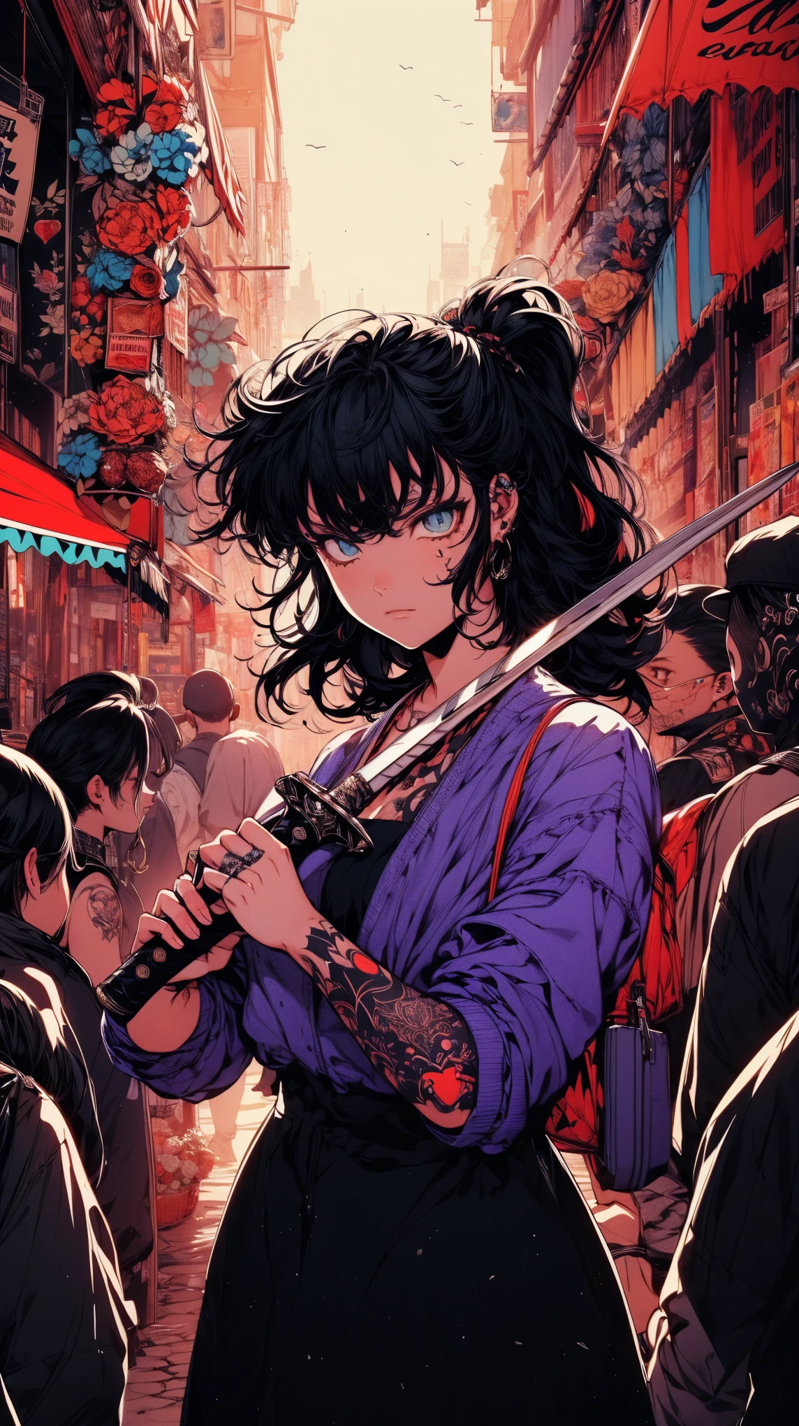 (high quality), (masterpiece), (detailed), 8K, In crowded market filled with (colorful stalls1.2), teenage girl grips (sword enveloped in shadows1.3), adopting fierce fighting stance. Her eyes lock onto (escaping thief1.2) as she prepares to confront threat head-on. (high quality), (masterpiece), (detailed), 8K, Anime style character with (cool and edgy tattoos1.3), dressed in (fashionable clothing1.2), posing confidently. Expression fierce, stylish accessory coiled around arm. Thicker outlines emphasize striking, modern fashion, vibrant palette enhances scene.
