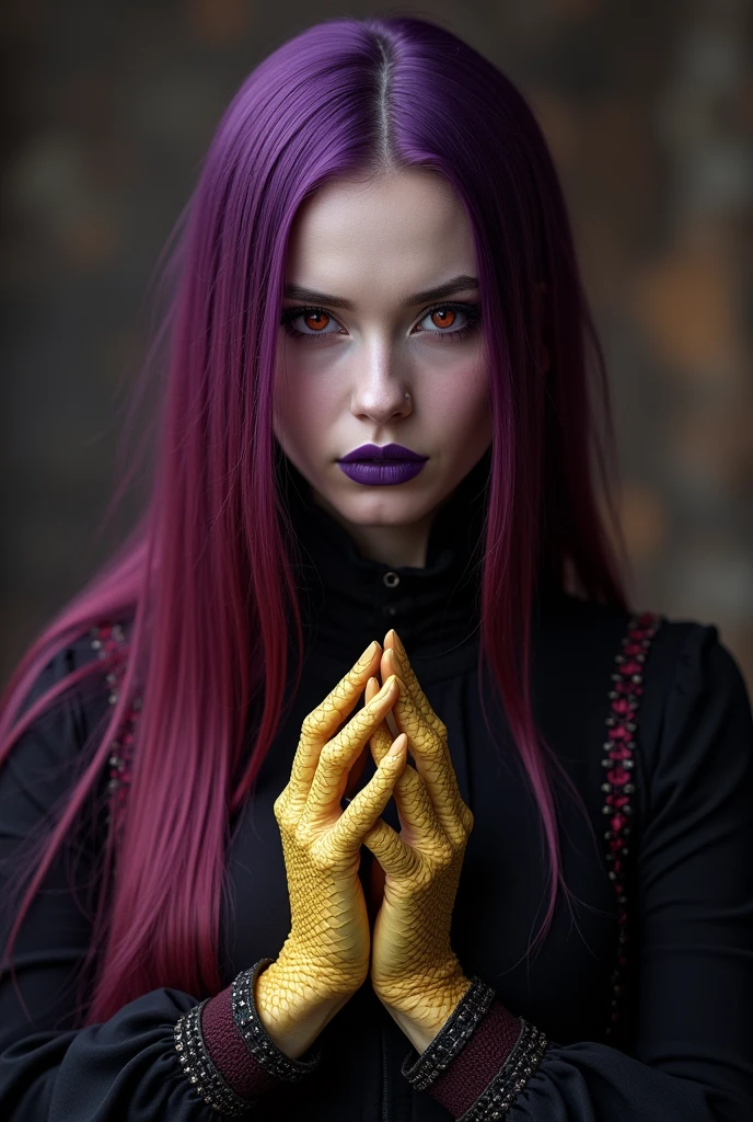 Woman, Medusa, (feudal middle age:1.1), Slavic appearance, (long straight purple gradient pro red hair), (Eyes red), (look of strong expression), Purple Lipstick, skin fair, (Black Gothic clothes with red details:1.1), Yellow scales on the hands, cinematic lighting, mystical atmosphere, Dynamic focus, ultra Reality, ultra realistic, ultra quality, Real, Real texture:1.1, Realistic clothes:1.1, 8k crazy,  absurdrez,