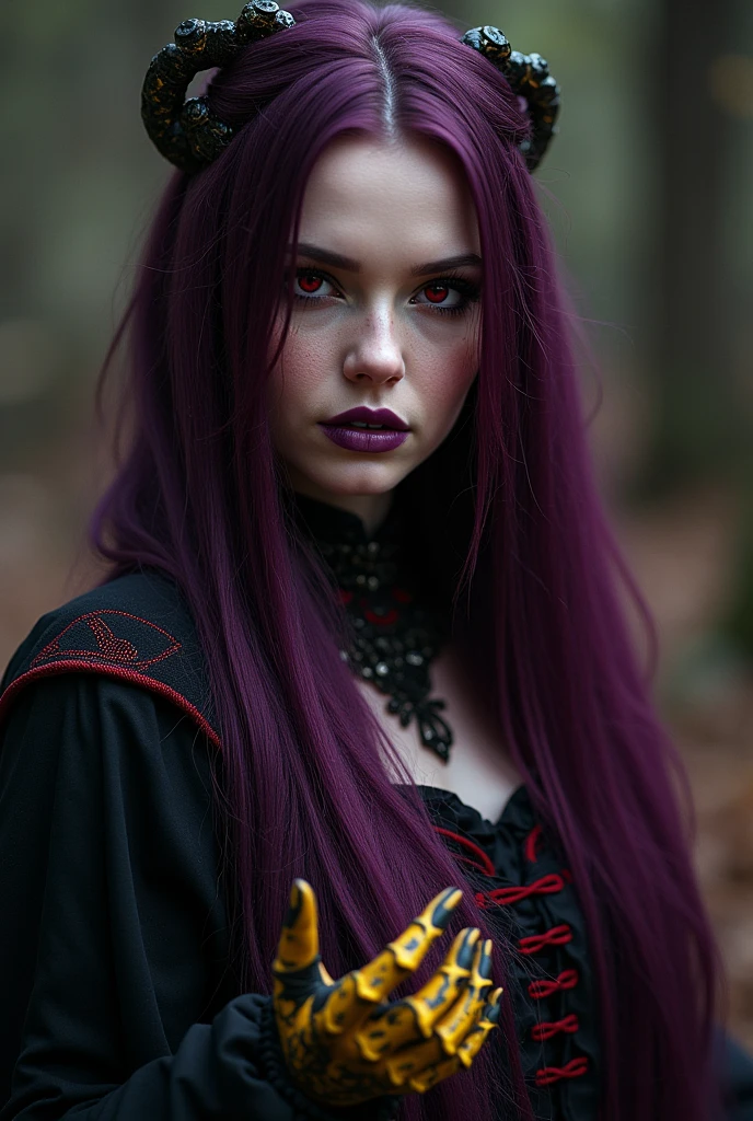 Woman, Medusa, (feudal middle age:1.1), Slavic appearance, (long straight purple gradient pro red hair), (Eyes red), (look of strong expression), Purple Lipstick, skin fair, (Black Gothic clothes with red details:1.1), Yellow scales on the hands, cinematic lighting, mystical atmosphere, Dynamic focus, ultra Reality, ultra realistic, ultra quality, Real, Real texture:1.1, Realistic clothes:1.1, 8k crazy, absurdrez,