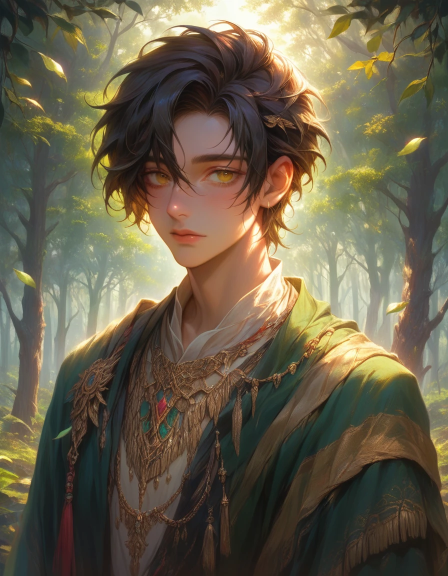 (best quality,highres,masterpiece:1.2), A boy in the forest with sunlight on his face, scenic landscape, detailed features, natural lighting, vibrant colors, realistic style, soft shadows, dusty atmosphere, moss-covered trees, gentle breeze, sunlight filtering through leaves, rays of sunshine illuminating the boy's face, peaceful and tranquil ambiance, serene expression, captivating beauty, immersive experience.