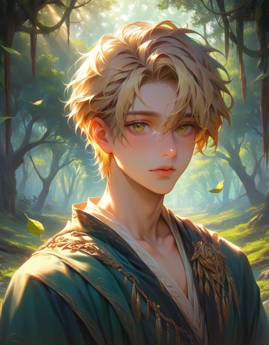 (best quality,highres,masterpiece:1.2), A boy in the forest with sunlight on his face, scenic landscape, detailed features, natural lighting, vibrant colors, realistic style, soft shadows, dusty atmosphere, moss-covered trees, gentle breeze, sunlight filtering through leaves, rays of sunshine illuminating the boy's face, peaceful and tranquil ambiance, serene expression, captivating beauty, immersive experience.