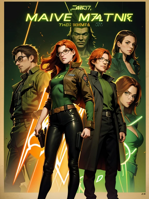 Poster for the film "Matrix, 2 17 year old teenage characters, 1 green-eyed cute girl 17 years old with fiery orange hair and 1 brown-haired glasses 17 years old; Standing next to you, dynamic poses, "Matrix" background of green neon hieroglyphs flying down, cinematic lighting