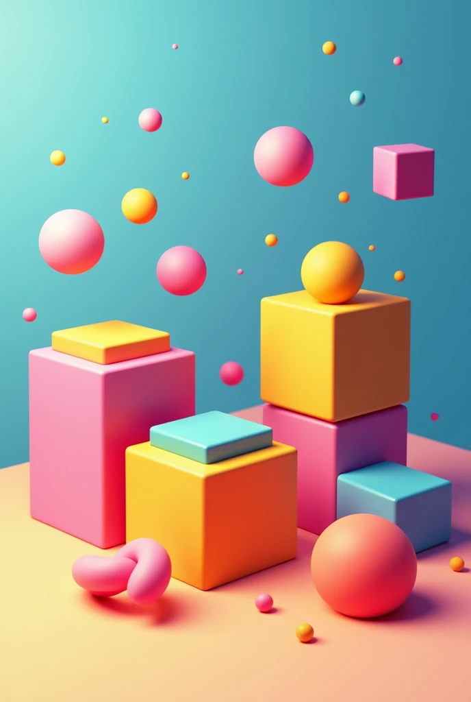 Help me create an image where this is represented Objective of the game:** The player must assemble complex objects using basic 3D shapes (cubes, spheres, cylinders, etc.) at different levels of difficulty. The pieces will be dynamic and can jump, fly and move in exciting ways. ### Game Mechanics 1. **Levels and Difficulty:** - **Level 1:** Assembly of simple shapes with static pieces. - **Level 2:** Introduction of dynamic pieces (that jump). - **Level 3:** Pieces that can fly or move horizontally. - **Level 4 and higher:** Combinations of movements, pieces with complex behaviors, and timed challenges.