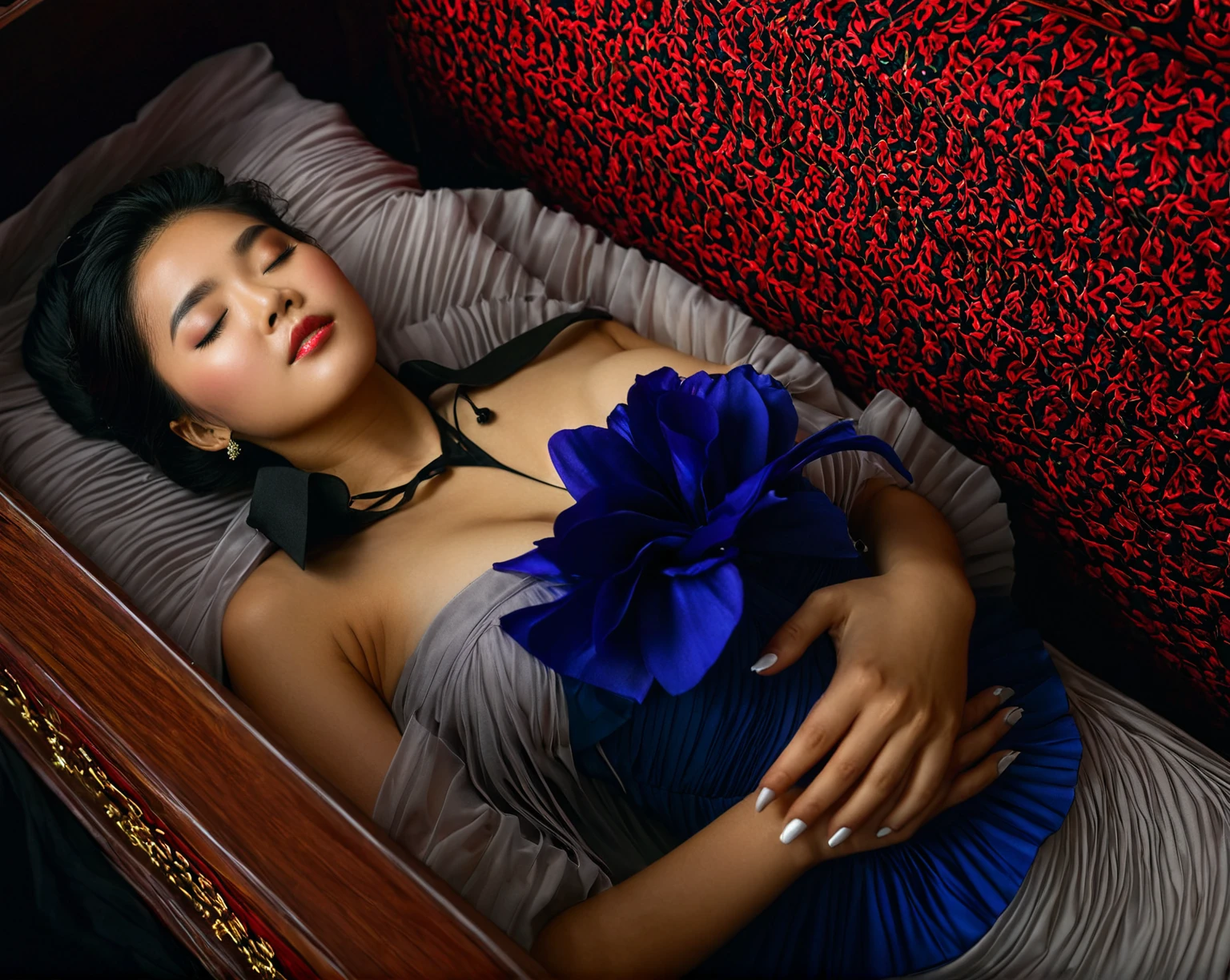 In a striking 8K HDR scene, a stunning Korean woman, 22 years old, lies peacefully in a coffin and coffin cover surrounded by plush pillows behind head. The deep box is set against a rich black background, accentuating the beauty of the subject. Her exquisite deep-V neckline kebaya attire is embroidered with superb detail, showcasing her round and firm breasts, perfect cleavage, and beautiful eyebrows. Her closed eyes and mouth give an air of serenity, while her visible and absolute cleavage leave nothing to imagination. The scene is bathed in saturated colors, highlighting every intricate aspect from the ball skirt to her clean face, straight body, detailed hand perfect hands, straight body, own hands together, own hand on stomach, detailed hands, perfect hands, holding the flowers, waring high heels