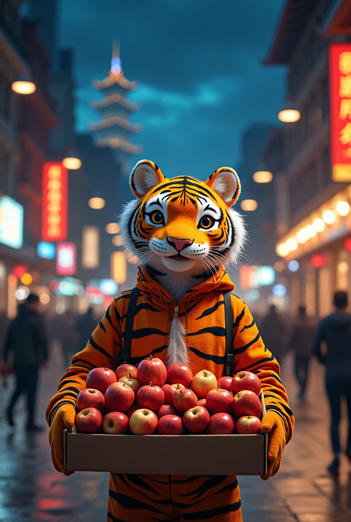 A person wearing tiger doll clothes，Carrying a frame，There is a box full of apples in the box，Tiger holding apples and selling them on the busy street，On the pedestrian bridge in the downtown area，Background is the city night scene，Urban architecture in Yunnan Province。