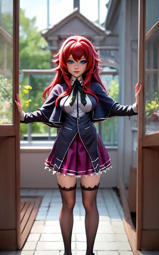 "((,Masterpiece,wideshot, best quality)),arms in T-pose,Standing,looking at viewer insaneres, absurdres, solo, standing in T-pose,Standing straight, ANIME_DxD_Rias_Gremory_ownwaifu, 1girl, bangs, long hair, red hair, breasts, large breasts,black shoes, Rias Gremory, blue eyes, hair between eyes, very long hair, collarbone, hair intakes, hair over breasts, black capelet, black corset, collared shirt, Kuoh Academy school uniform, layered skirt, underbust, school uniform, skirt, shirt, long sleeves, purple skirt, ribbon, miniskirt, neck ribbon, thighhighs, black ribbon, (T-pose) depth of field, vanishing point, garden, sidelighting"