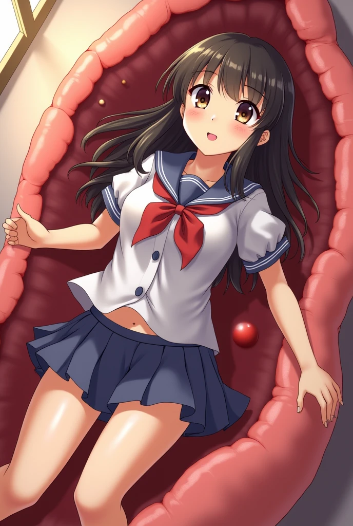 Japanese girl wearing a Japanese school uniform Lying in a very large stomach, full of gastric juice.