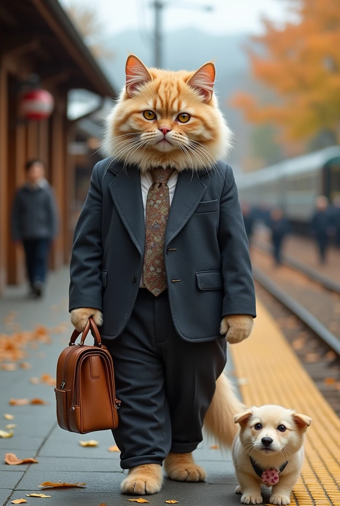 35mm lens,Cat,Standing,doll,Carrying a small school bag,tram,Hokkaido,Autumn Station,Wooden house,Platform, cloak,Ruan Jia,Suit,tie,花Cat,Stupid Dog,肌肉发达的雄Cat, (Delicate face), (Fine fluffy fur)