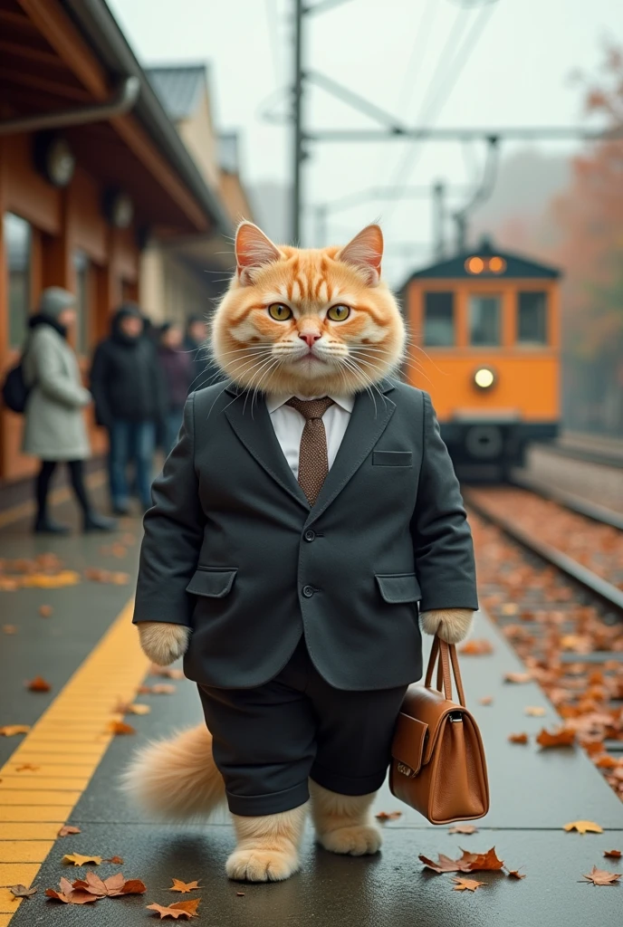 35mm lens,Cat,Standing,doll,Carrying a small school bag,tram,Hokkaido,Autumn Station,Wooden house,Platform, cloak,Ruan Jia,Suit,tie,花Cat,Stupid Dog,肌肉发达的雄Cat, (Delicate face), (Fine fluffy fur)