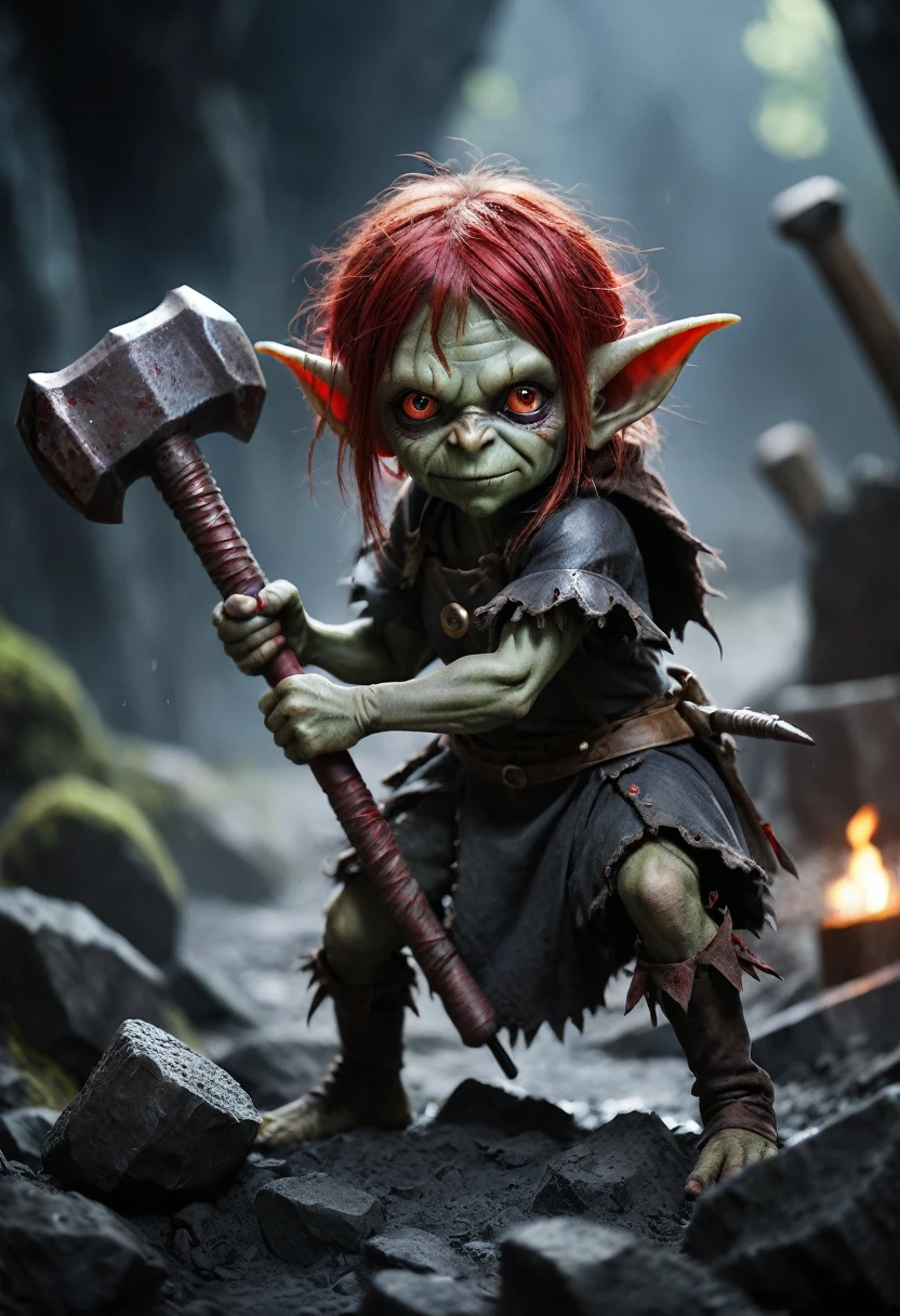 Realistic anime character, cute goblin femail, redhead, red eyes, full body portrait, holding a big hammer, little smile, in battle, dynamic composition, intricate gloomy background, dark fantasy style, dark arts, depth of field, blood of the enemies