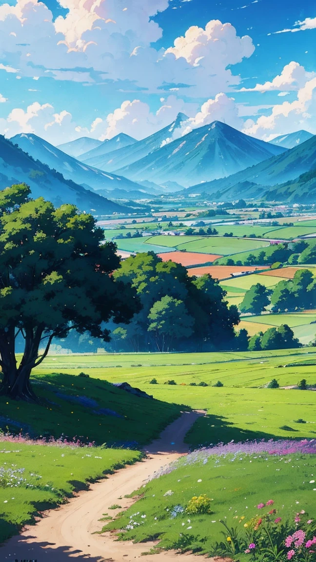 wood々It depicts colorful landscapes with plants and flowers., Painting landscapes with vibrant gouache colors, Colorful landscape drawing, anime countryside scene, Bright landscapes, Colorful and scenic environment, just a joke, anime scenery, Anime background art, Anime bella peace dinner, Landscape art details, Beautiful UHD 4K art, 美しいanime scenery, Colorful digital paintings, Dream landscape, Anime landscape wallpapers