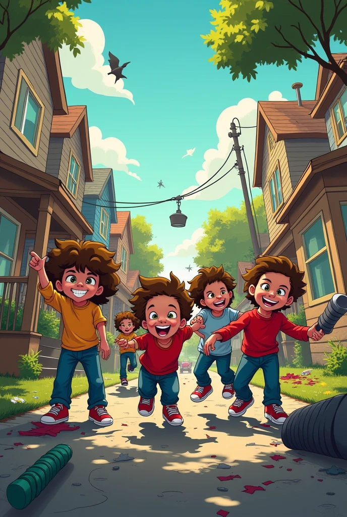 A chaotic scene showing the six herdman children with mischievous grins , causing meham in the neighborhood