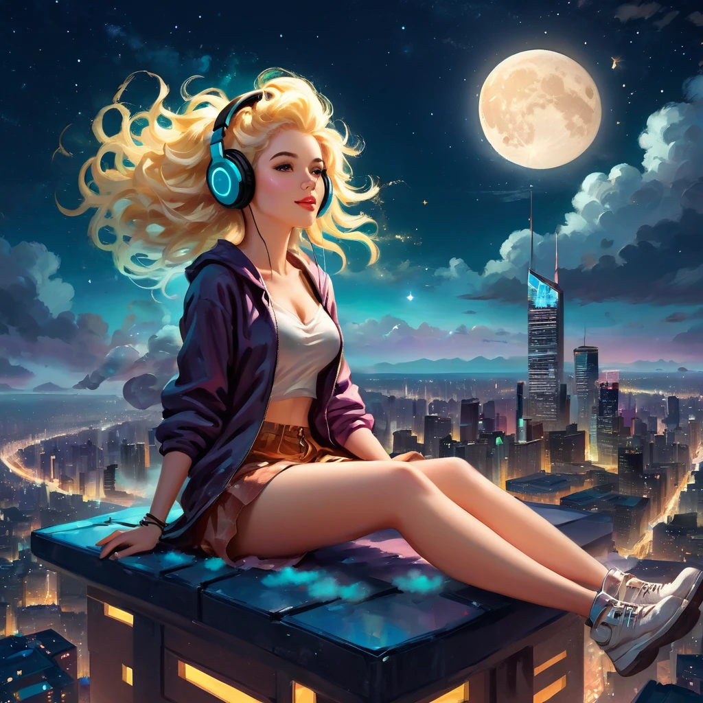 a beautiful 20 year old blonde woman with big messy hair laying down on a cloud in the sky floating over a cityscape at night, wearing headphones, looking down at the city, twinkling stars and glowing moon, fantasy art style, full body, rossdraws cartoon vibrant, cyberpunk, cute detailed digital art, colorfull digital fantasy art, digital fantasy art ), glossy digital painting, rossdraws pastel vibrant, rossdraws 2. 5, rossdraws 1. 0