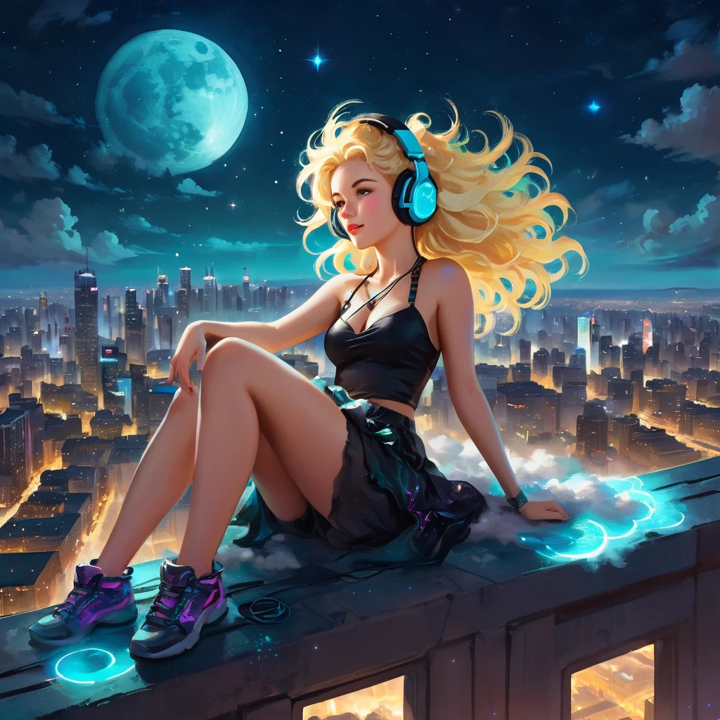 a beautiful 20 year old blonde woman with big messy hair laying down on a cloud in the sky floating over a cityscape at night, wearing headphones, looking down at the city, twinkling stars and glowing moon, fantasy art style, full body, rossdraws cartoon vibrant, cyberpunk, cute detailed digital art, colorfull digital fantasy art, digital fantasy art ), glossy digital painting, rossdraws pastel vibrant, rossdraws 2. 5, rossdraws 1. 0