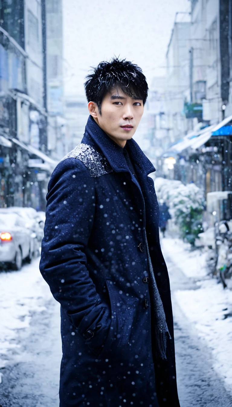 Scenery of a cold city。Is it snowing?、Frost covered landscape。people々He is wearing a coat and looks cold.。