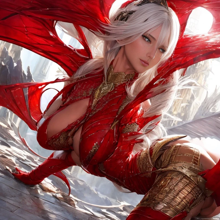 masterpiece, (Realistic:1.5), Highest quality, Beautiful lighting, fantasy, a Dragon girl, (only solo people ), 2 or more people NG, (perfect anatomy, perfect arms, perfect legs) , girl(human, dragon  wing, dragon  tale), , beautiful , perfect face,  large breasts , Cleavage, Slim waist, curvy, smile, , head tilt, stand alone, full-body, red bondage armor, great sword,  , dynamic angle, Attention to detail, Sharp focus, dramatic, (RAW Photos, 8K Ultra HD, Film Grain), Caustics, Scattered beneath the surface, reflection