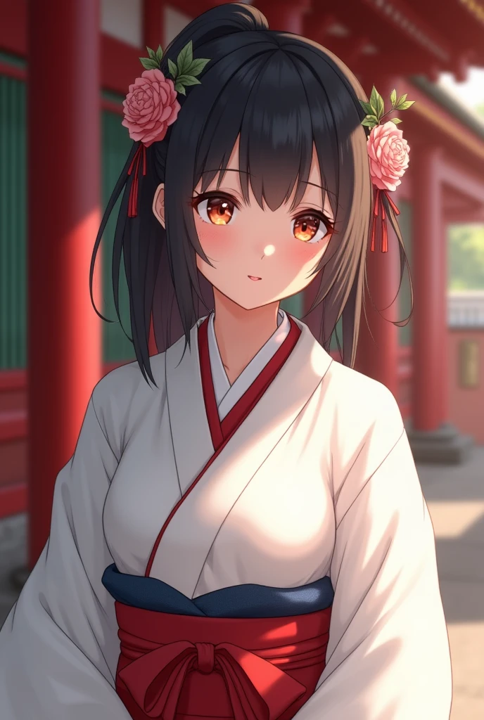 (Highest quality、Tabletop、8k、Best image quality)、(Beautiful Japanese Perfect Shrine Maiden:1.1)、(The perfect and most natural white robe of a shrine maiden:1.3)、(The perfect and most natural shrine maiden&#39;s red hakama:1.3)、(Elegantly styled hair:1.1)、(Close-up of face:1.1)、Look at me、The best smile、The background is a magnificent and luxurious shrine.、The majestic and luxurious exterior resembles a real shrine、A gorgeous and authentic shrine with Niwa lacquerware