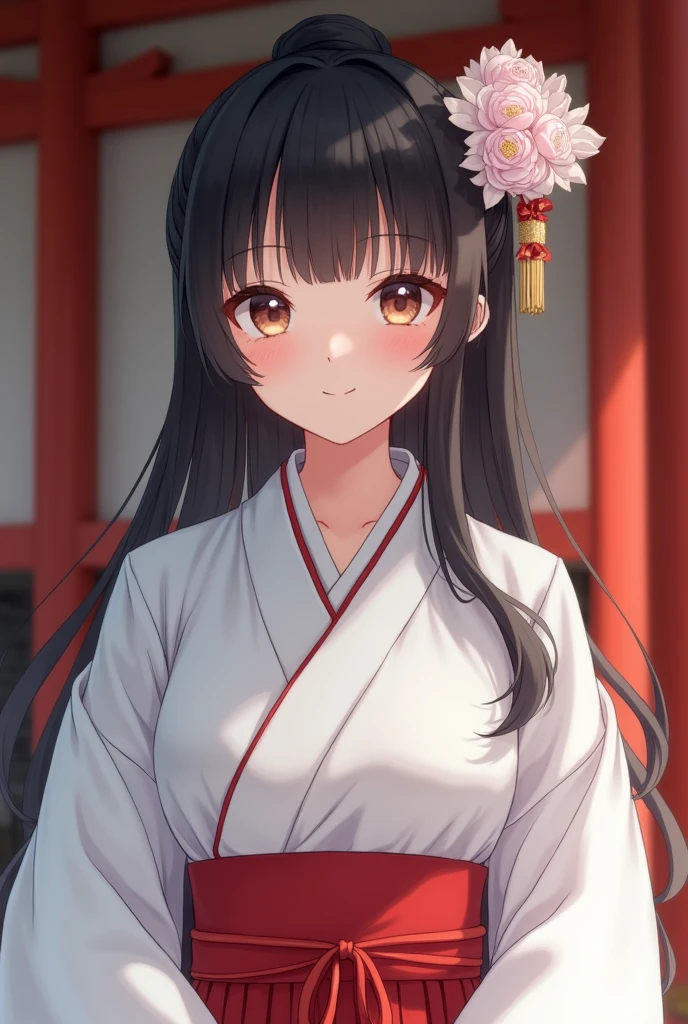 (Highest quality、Tabletop、8k、Best image quality)、(Beautiful Japanese Perfect Shrine Maiden:1.1)、(The perfect and most natural white robe of a shrine maiden:1.3)、(The perfect and most natural shrine maiden's red hakama:1.3)、(Elegantly styled hair:1.1)、(Close-up of face:1.1)、Look at me、The best smile、The background is a magnificent and luxurious shrine.、The majestic and luxurious exterior resembles a real shrine、A gorgeous and authentic shrine with Niwa lacquerware