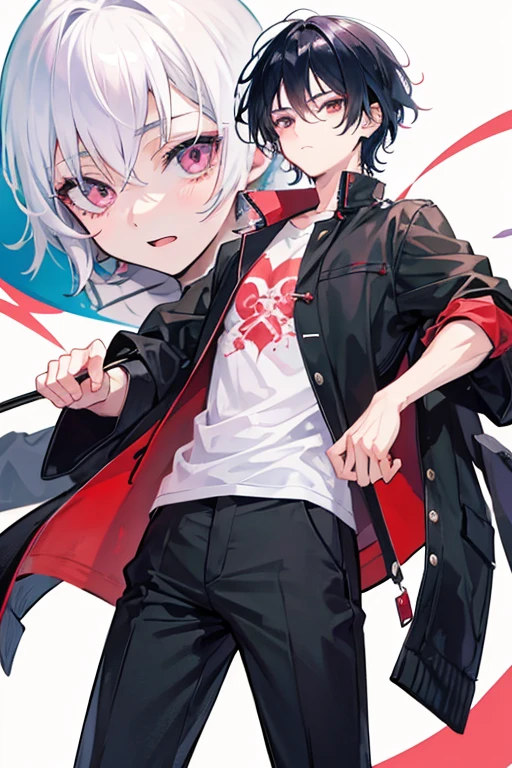 Generate an anime-style image, of a boy, around the age of 21 to 23, Come on, ???, Ushiro's thing. He has black hair and olive skin. He has urban clothes and the scene behind him is that of a big city. He will be in the center, in sitting on top of a creature that resembles a monster from Japanese folklore, and a tangle of red lines will be passing through the monster, through the surrounding buildings and centering on Ushiro. the red lines are like strings, and he is in the middle of the street, the surrounding buildings making the boy the vanishing point of the angles from which everything converges. it must be night. the city lights are colorful, like neon. ushiro's clothing colors must be black. a common type, like a blazer and white dress shirt underneath. see the red lines going around the building and heading towards it.