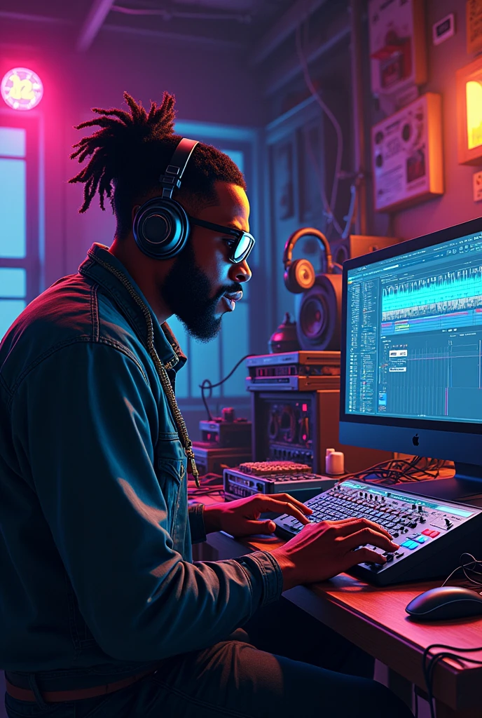 fat black guy with headphones and shades on making hiphop beats on a computer