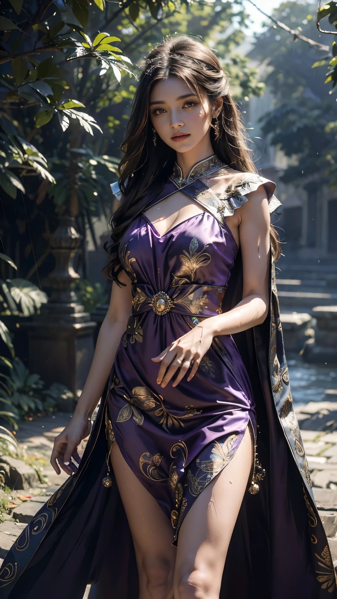 4K, UHD, Masterpiece, 1 girl, good face, detailed eyes, ((very long hair)), bridal hairstyle, butterfly on hair, ornaments, crystal ornaments, jwellery, block print dress, ((purple dress)), very detailed dress, strap dress, flowing cape, mesh stocking, cinematic unreal scenery, legendary scenery, rainy weather, wet ground, depth of field, ray tracing, bloom, god rays, lens flare, sun flare, cinematic pose,