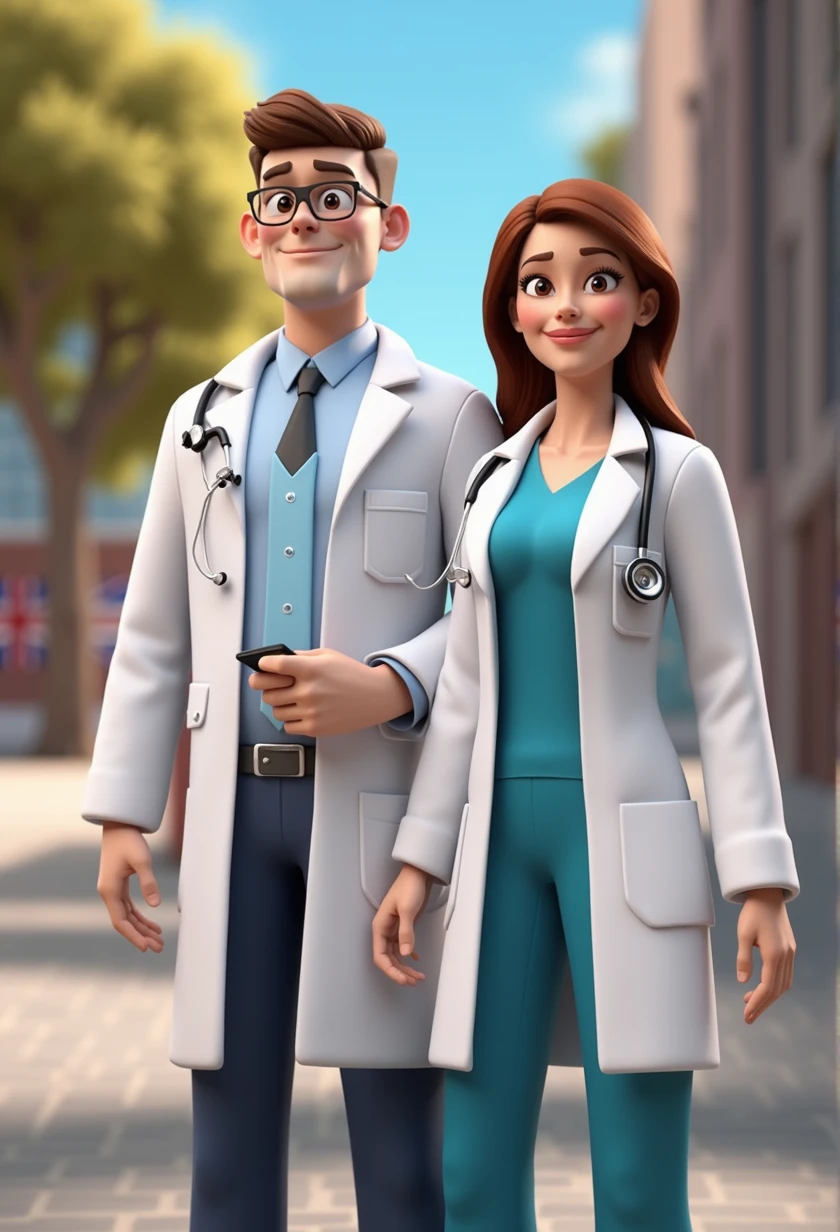 Cartoon Character Couple Of adult Doctors Wearing Lab Coat with tethoscope In A College and raising Britain flag , an animated character, stylized character, animation style rendering, 3d stylized, , 3 d render stylized, toon render keyshot, 3d character, 3d character, 3d rendering stylized, 3 d character render, cartoon character, Personagem de close up, character posing, (Pixar-style) (bokeh) (best qualityer) (skin detailed) (detailed texture) (8k) (Argilla) (Cinematic lighting) (sharp focus，Sit down and lift your upper body