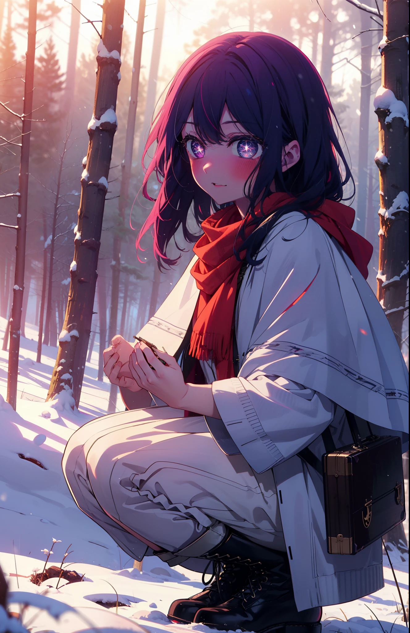 aihoshino, Ai Hoshino, Long Hair, bangs, (Purple eyes:1.1), Purple Hair, (Symbol-shaped pupil:1.5), smile,,smile,blush,white breath,
Open your mouth,snow,Ground bonfire, Outdoor, boots, snowing, From the side, wood, suitcase, Cape, Blurred, , forest, White handbag, nature,  Squat, Mouth closed, Cape, winter, Written boundary depth, Black shoes, red Cape break looking at viewer, Upper Body, whole body, break Outdoor, forest, nature, break (masterpiece:1.2), Highest quality, High resolution, unity 8k wallpaper, (shape:0.8), (Beautiful and beautiful eyes:1.6), Highly detailed face, Perfect lighting, Extremely detailed CG, (Perfect hands, Perfect Anatomy),