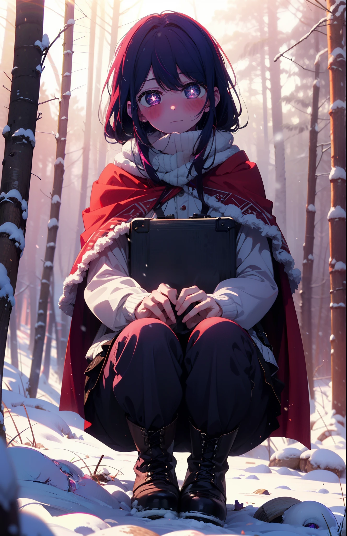 aihoshino, Ai Hoshino, Long Hair, bangs, (Purple eyes:1.1), Purple Hair, (Symbol-shaped pupil:1.5), smile,,smile,blush,white breath,
Open your mouth,snow,Ground bonfire, Outdoor, boots, snowing, From the side, wood, suitcase, Cape, Blurred, , forest, White handbag, nature, Squat, Mouth closed, Cape, winter, Written boundary depth, Black shoes, red Cape break looking at viewer, Upper Body, whole body, break Outdoor, forest, nature, break (masterpiece:1.2), Highest quality, High resolution, unity 8k wallpaper, (shape:0.8), (Beautiful and beautiful eyes:1.6), Highly detailed face, Perfect lighting, Extremely detailed CG, (Perfect hands, Perfect Anatomy),
