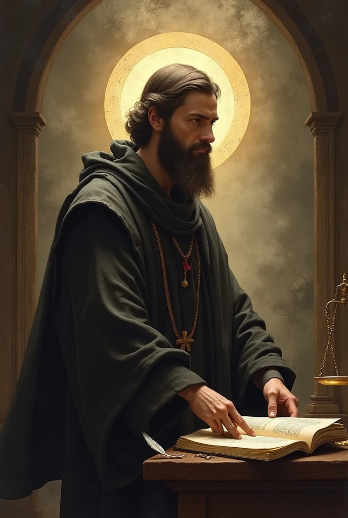Create an image of Saint Augustine of Hippo, portrayed with a serene and contemplative expression. It must be in a symbolic environment that suggests introspection and wisdom, maybe with a soft light illuminating it. Add elements that represent the vocation, like a book or a feather, symbolizing knowledge and reflection. Around Saint Augustine, include symbols of sacrifice and valor, like a scale or a cross. The image must convey the idea that the vocation is a path of great value, that requires dedication and effort, but which rewards in a deep and meaningful way.