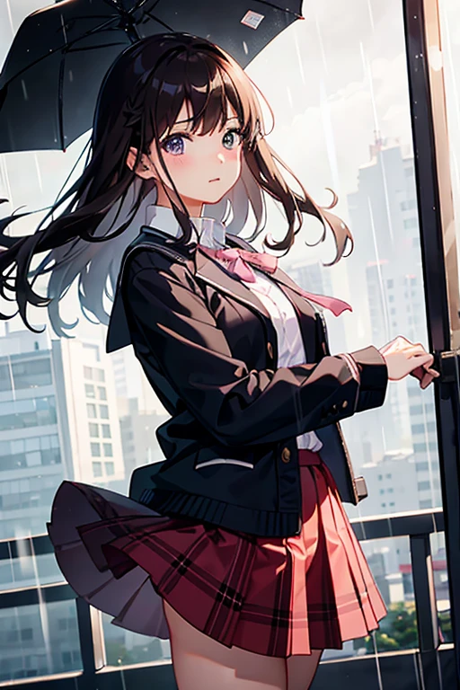 typhoon、heavy rain、In town、Schoolgirl in uniform、Checkered Skirt、Dark Brown Hair、The wind lifts her skirt, revealing her pink panties
