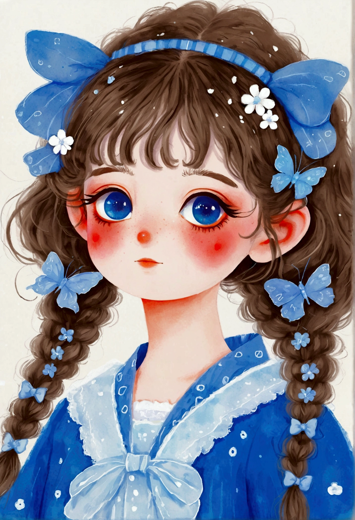 Cute in blue dress,Big blue eyes。Fine and fluffy hair,Lovely art style, Lovely and detailed digital art, Cute numbers艺术, splash art anime Change, Hand drawn cartoon art style,Lovely artwork, Kawaii realistic portrait, Change, Cute numbers, Lovely portrait, Kasuga, Lovely characters, Cute, colorful and adorable