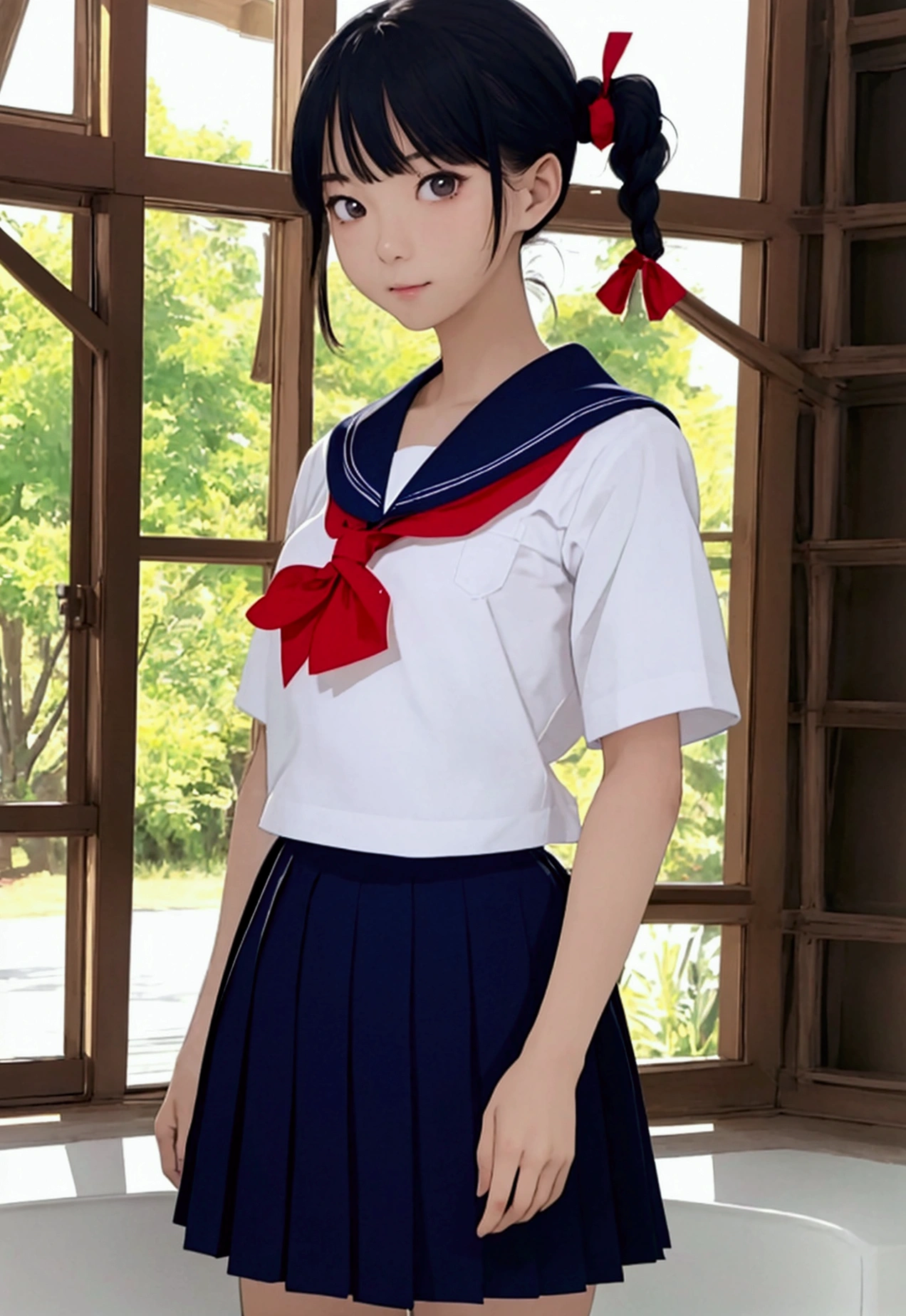 高いquality illustration, masterpiece, Very cute,Slender body,slim,Beautiful Eyes,(masterpiece, Highest quality:1.2), High resolution, Highly Detailed CG Unity 8K Wallpaper, Perfect lighting、Painted from the front、Very young girl、summer、Pool、Poolサイド、Short-sleeved sailor uniform、Navy blue pleated mini skirt、Red ribbon、Black Hair、Hair tied up、braid one's hair、smile、Extreme sweating、