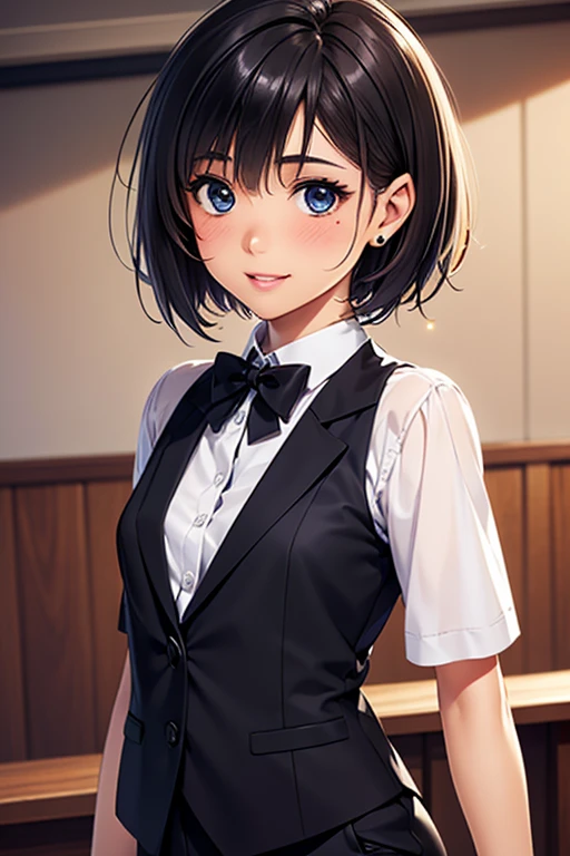 #Basics A girl is posing for a photo, (((One Girl))), (((Baby Face:1.4)) + ((cute:1.4)) + ((15 years old))),
break
#Clothing Accessories
((black tuxedo suit) : White dress shirt + Black bow tie + (black suit vest) + (Black suit jacket) + (Black suit slacks)), (Black Loafers),
((Red earrings) + (White gloves)),
break
#Features
((Black Hair:1.2)) + ((Straight bangs + Very short side bangs + Very short side hair)) + ((Pixie Cut : Very short hair:2.0)),
((Droopy eyes:1.4, Big eyes:1.2), blue eyes), (Small breasts:1.2),
break
#background environment
((noon + dance hall)),
#Facial Expression Pose
(smile, blush), (Standing up straight and strong and confident、Extend your arms straight out)),
#composition
(Face the camera), ((Character Focus), (Angle from the front), (Cowboy Shot)),
break
#Body parts elements
(Slim figure),
(Symmetrical facial features),
(Detailed Hair, Beautiful Hair, Shiny Hair),
(double eyelid, Long eyelashes, Thin eyebrows:0.5, Thin eyebrows:0.5),
(Expression of fine eyes, Beautiful and delicate eyes, Sparkling eyes, Eye Reflexes, Glitter Eyeliner),
(Human Ear),
(Beautiful Nose, Thin Nose),
(Glossy Lips, Beautiful Lips, Thick lips),
(Detailed skin, Textured skin, Beautiful Skin, Oily skin),
break
#Quality Image Quality Common
(((Highest quality)), ((masterpiece)), ((Very detailed))), ((Ultra-high resolution)), ((16K, 1080P)), ((Full HD)),
(Anatomically correct), (Realistic), (3DCG), (Oil painting),
((comics, anime)), (CG illustration), (RAW Photos),