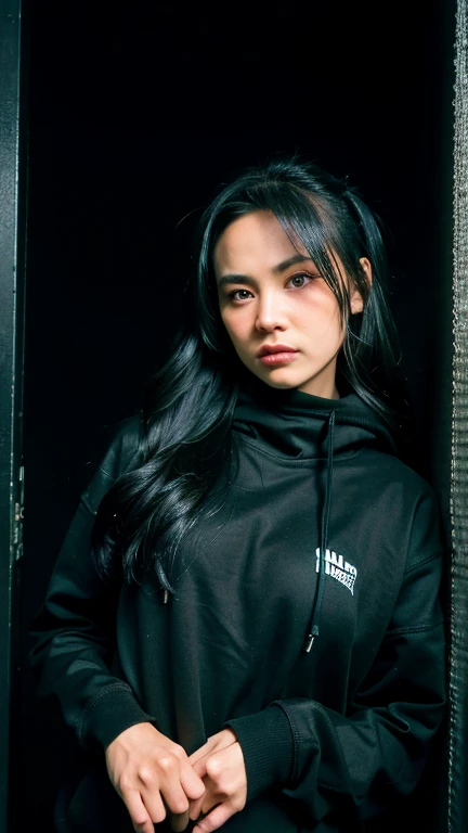 Masterpiece, best quality, ultra high resolution, hyper realistic, realistic, (photorealistic:1.4), masterpiece of analog film photograph a girl in the dark, expressionless, wearing black hoodie, taken by Hideaki Hamada using Pentax 67II and Kodak Portra, basement background