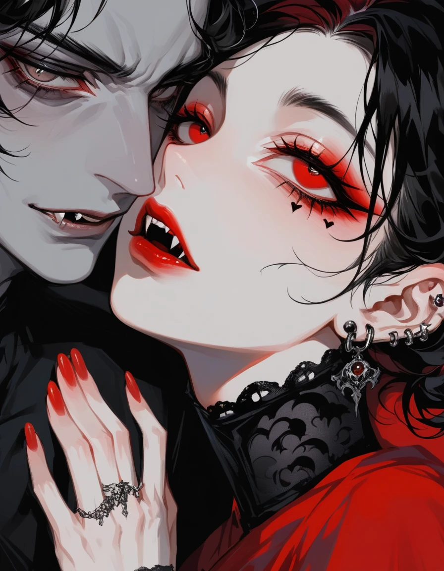 [Core Concept] A captivating portrait of a vampire couple, a young woman and man, in a dark and mysterious setting.

[Character Description] The female vampire is strikingly beautiful, with porcelain skin, piercing crimson eyes, and a captivating gaze. Her male counterpart is handsome and alluring, his features sharp and chiseled, accentuated by the pale, almost translucent quality of his skin.

[Environment/Background] The pair are depicted against a backdrop of shadows and mist, hinting at the otherworldly, gothic atmosphere that surrounds them.

[Style and Atmosphere] The overall style is dark, moody, and atmospheric, evoking a sense of gothic romanticism and the supernatural.

[Composition] The two vampires are positioned close together, their bodies intertwined, creating a sense of intimacy and a palpable tension.

[Details and Embellishments] subtle details, such as the intricate lace patterns on the female's clothing or the gleam of fangs peeking from beneath their lips, add depth and richness to the scene.

[Technical Specifications] The image is rendered with a high level of detail and realism, utilizing a range of techniques to capture the nuances of light, shadow, and texture.