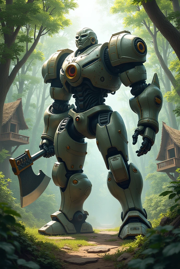 A strong robot, with an ax in his hand They are in a forest with some tree houses