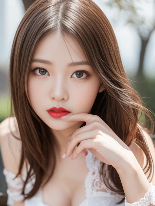 Highest quality、masterpiece、Ultra-high resolution、(Photorealistic:1.4)、((Full body pose:1.0))、Raw photo、One Girl、Park bench、Sitting、Red lipstick、Sexy Underwear、garter belt