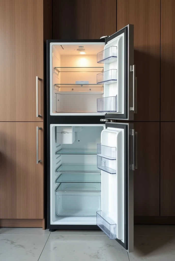 creates a small open and empty minibar fridge in front view
