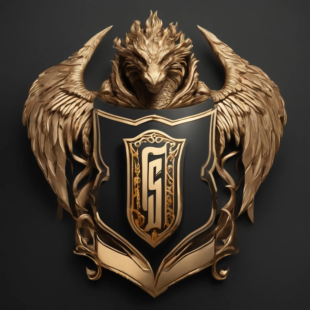 Make logo from this word ((G,S)), SWORD, WINGS, DRAGON, HAWK, BOLD, SHIELD, BANNER, a bold shield banner logo, intricate shield design, ornate banner, dark gold and light gold color scheme, heraldic emblem, striking emblem, elegant lettering, crisp lines, symmetrical composition, premium quality, 3D render, photorealistic, cinematic lighting, dramatic shadows, richly detailed